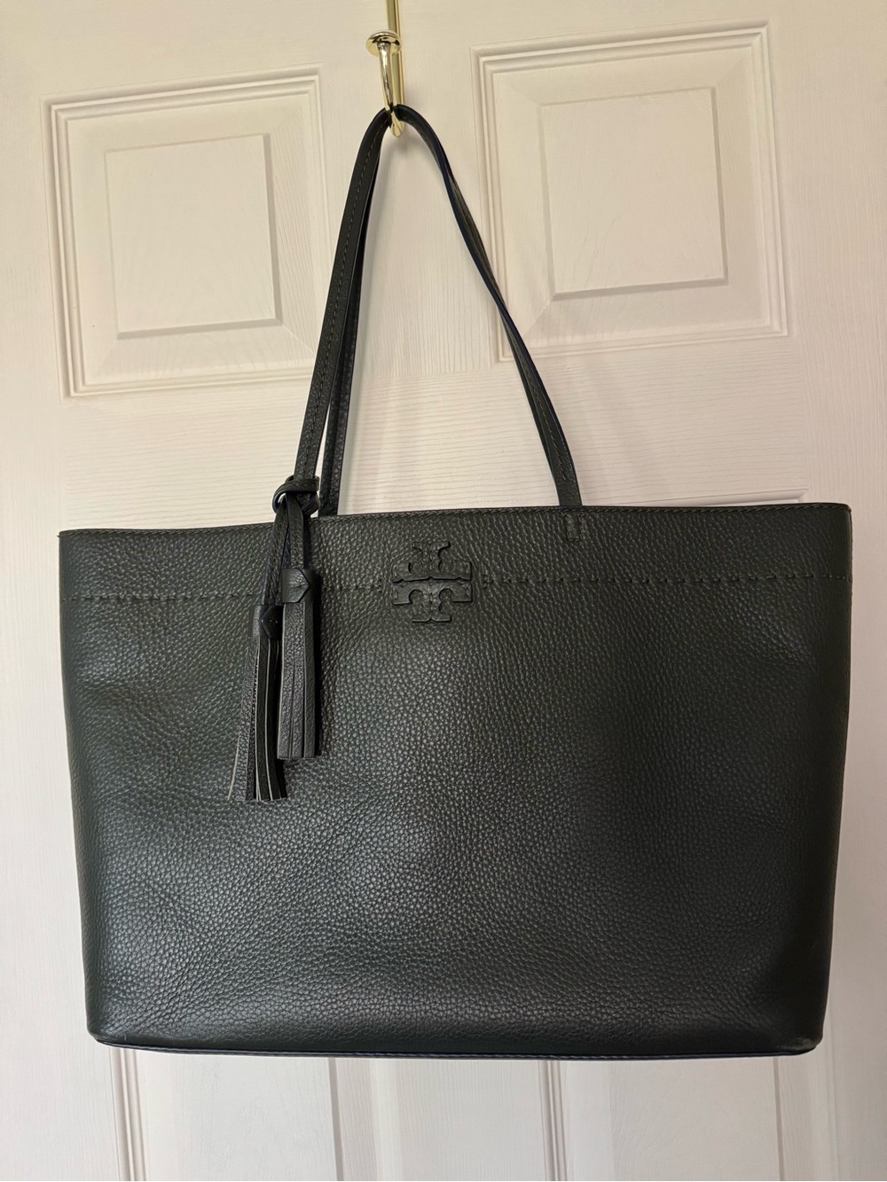 Tory Burch McGraw Pebbled Leather Tassel Large Tote Bag Forest Green color